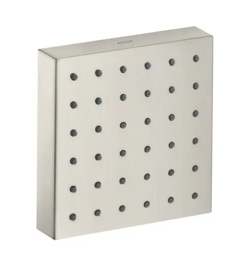 Eckiges Brausemodul mit quadratischer Oberfläche aus Edelstahl und schwarzen Düsen, gefertigt von AXOR, zur Unterputzmontage in Badezimmern.